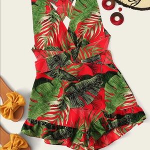 Crisscross Knot Back Ruffle Trim Tropical Romper